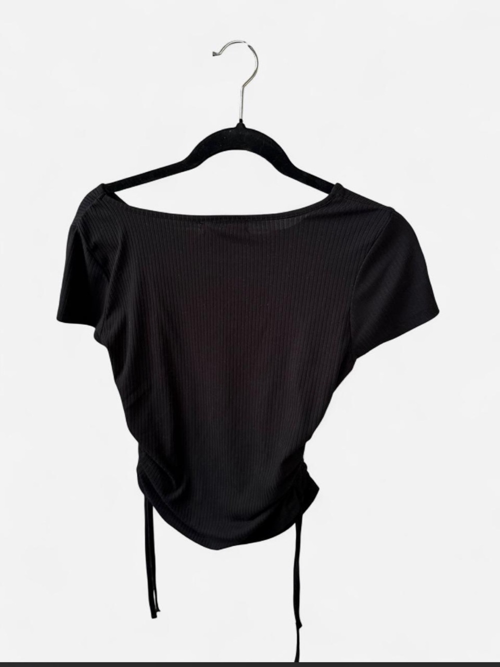 No Comment Black Ribbed Drawstring Short Sleeve Top - Picture 3 of 3
